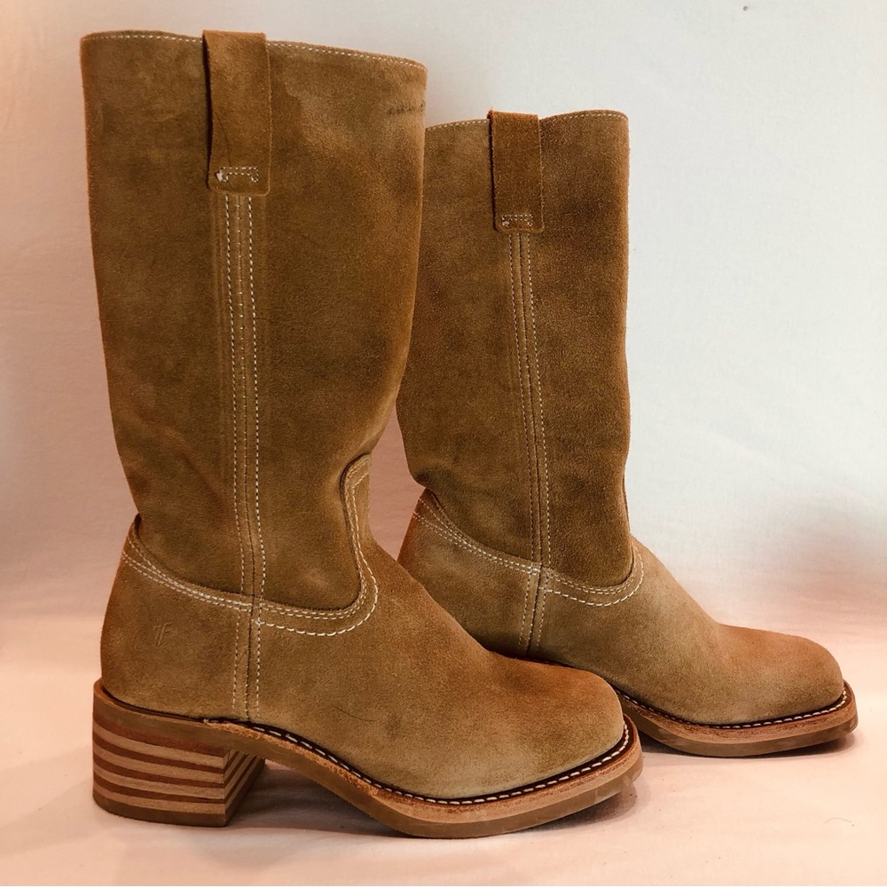 FRYE CAMPUS 12R Tan Mid Calf Suede Leather Boots Stacked wood heel Round toe 6.5 - Picture 3 of 15
